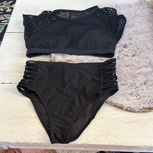 Women's Black short sleeve Bikini Set with open back Jag/hollister
